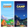 Summer camping in mountains valley, vector banner, poster design template. Adventures, travel and eco tourism concept. Royalty Free Stock Photo