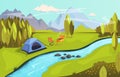 Summer camping and nature tourism concept. Camping in nature by the river with barbecue. Landscape with mountains