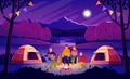 Summer Camping at night. Forest landscape with tourists around the campfire. Tourists are playing the guitar, drinking hot tea and Royalty Free Stock Photo