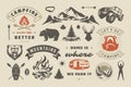 Summer camping and outdoor adventures design elements set, quotes and icons vector illustration. Royalty Free Stock Photo