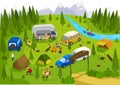 Summer camping outdoor in nature, people on vacation, vector illustration