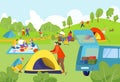 Summer camping outdoors, joyful people, traveling tourists, nature tourism concept, design cartoon style vector