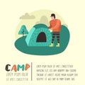 Summer Camping Poster, Banner. Cartoon Character Man in Camp Placard, Invitation, Background Royalty Free Stock Photo