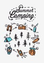 Summer Camping poster. Tent, Campfire, Pine forest and rocky mountains background, vector illustration. Royalty Free Stock Photo