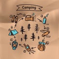 Summer Camping poster. Tent, Campfire, Pine forest and rocky mountains background, vector illustration. Royalty Free Stock Photo