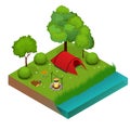 Summer Camping and tent near a river or lake. Flat 3d vector isometric illustration. Vacation and holiday concept.