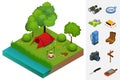 Summer Camping and tent near a river or lake. Flat 3d vector isometric illustration. Vacation and holiday concept.