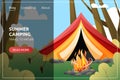 Summer camping tent vector banner concept. Red and yellow camp tent in forest.