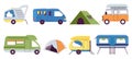 Summer camping transport. Vintage auto caravans, campers and trailers. Outdoor home on wheels, camp tent. Trip or Royalty Free Stock Photo