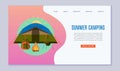 Summer camping for travel website vector illustration. Bonfire, tent and backpack for outdoors forest camping. Summer