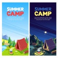 Summer camping vector banner, poster design template. Adventures, travel and eco tourism concept. Touristic camp tent Royalty Free Stock Photo