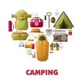 Summer camping vector poster of camp tools icons