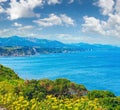 Summer Cape Vidio coastline landscape with yellow flowers in front ,Asturias, Cudillero, Spain Royalty Free Stock Photo