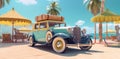 summer car beach vacation tropical retro vintage travel road trip. Generative AI. Royalty Free Stock Photo