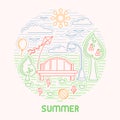 Summer card with bench, lamp, nature Royalty Free Stock Photo