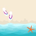 Summer card design with flip flop and orange color starfish on the sandy beach Royalty Free Stock Photo