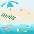 Summer card design with parasol, shell, towel, starfish, fish, slipper on the ocean beach