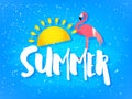 Summer card with flamingo, sun and text on blue background. Flat design. Vector banner