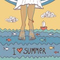 Summer card with legs in the sea