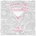 Summer Card With The Lettering - Cosmopolitan. Handwritten Swirl Pattern With Cocktail In Glass.