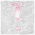 Summer Card With The Lettering - French 75. Handwritten Swirl Pattern With Cocktail In Glass.