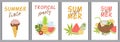 Summer card set, tropical summer elements, fruits, food, watermelon, ice cream, pineapple coconut vector illustration Royalty Free Stock Photo