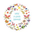 Summer card in the shape floral wreath on white background Royalty Free Stock Photo