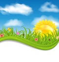 Summer card with sky, cloud, sun, grass, flower, b