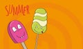 Summer card. Tasty smiling happy ice creams.