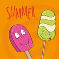 Summer card. Tasty smiling happy ice creams.