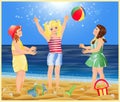 Summer card. three little girls playing ball on the beach Royalty Free Stock Photo