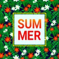 Summer card. tropic background. Exotic leaves, flowers with simple text. Vector design with frame. Colored floral wallpaper with t