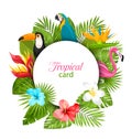 Summer Card With Tropical Plants, Hibiscus, Plumeria, Flamingo, Parrot, Toucan Royalty Free Stock Photo