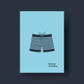 Summer card vector template with minimal design illustration. Symbol of vacation, relax. Male retro swim shorts.