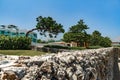 Summer caribbean tropical green garden with stone wall in mediterranean style