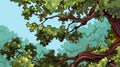 Summer cartoon background on tall tree branches