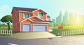 Summer cartoon illustration of modern cottage house among trees in the green countryside field outside of the town Royalty Free Stock Photo