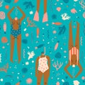 Summer cartoon illustration with swimmers in the ocean.