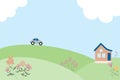 Summer cartoon landscape car house green field vacation road trip