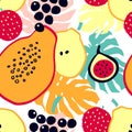 Summer cartoon print with tropical fruit - lychee, papaya, pear, fig, grapes.