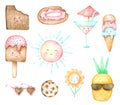 Summer cartoon set ice cream and dessert hand drawn watercolour