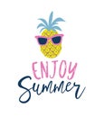 Summer cartoon style pineapple in sunglasses label, logo, hand drawn tags and elements for summer holiday, travel, beach