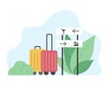 Summer cartoony vacation concept, leave of absence.Flat hand-drawn travel suitcases , the way pointer to the airport and to the Royalty Free Stock Photo