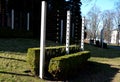 Summer castle parterre with honestly cut boxwood hedge and metal stainless steel trellises. with circle buckles. Boxwood also form