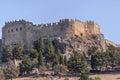 Summer castle view of Rhodes Acropolis of Lindos with sea