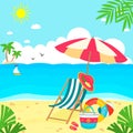 Summer chair, umbrella,bag,rubber ring,ball and hat on the beach