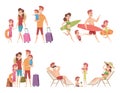 Summer characters. Family couple travellers with kids going to vacation at beach sea or ocean tropical nature vector