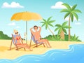 Summer characters. Male and female person have a rest on the beach cartoon seaside background summer vacation vector