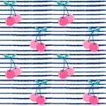 Cute summer cherries seamless vector pattern illustration on blue and white striped background