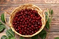 Summer cherry berries in baskets on a wooden background, harvesting in the village, healthy natural food concept, breakfast with